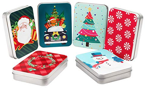Blechdose Weihnachten Box für Geschenkkarten (6 Stk) - 11,5 x 8,3 x 2,2 cm Geschenkverpackung Blechdose - Dosen Keksdose Metalldose mit Weihnachts Motiven für kleine Geschenke, Gutscheine, Geld