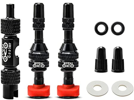 MUQZI Tubeless Presta Valve Stem Kits - No Leak Bike tubeless Valve Stems with Integrated Valve Core Remover Tool and Alloy Presta Valve Stem Caps for Bicycle, Black(40mm)