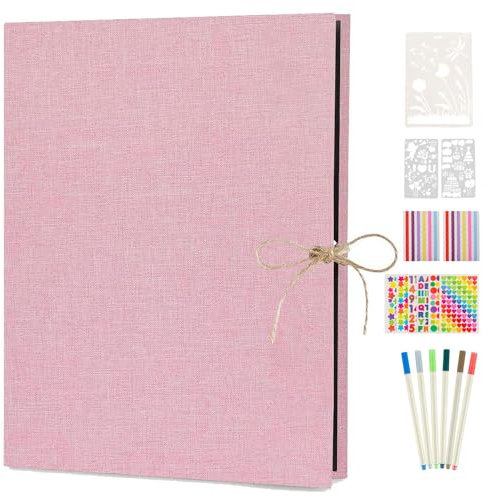 AIOR Fotoalbum zum Selbstgestalten, Schwarze Seiten Fotoalben Scrapbook Album zum Einkleben, Leinen Fotobuch Hochzeit Gästebuch, Valentinstag Geburtstag Jahrestag Geschenk Frauen Männer, Rosa