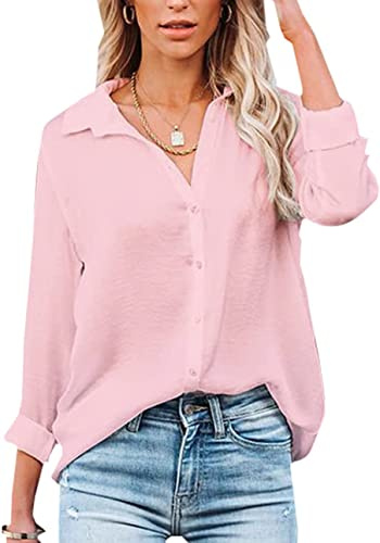 Damen Bluse Elegant V-Ausschnitt Hemd Langarm Arbeit Oberteile Casual Tunika Shirt Lose Langarmshirt Tops (Rosa,XXL)