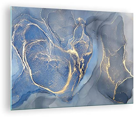 Moderne Impression sur Verre Or bleu peinture Image Tableau en Verre Decoration Murale 70x50cm Deco Cadre Salon Chambre Cuisine Horizontal Petit Tableaux Decoratifs Muraux Art Wall Decor GAA70x50-5029