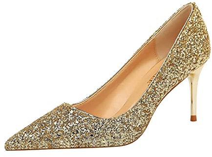 JOEupin Escarpins à paillettes à talon moyen pour femme - Bout pointu - Pour fête, doré, 38 EU