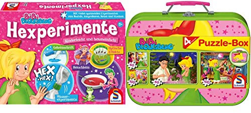 Schmidt Spiele 40617 Bibi & Tina Bibi Blocksberg, Hexperimente, Zauberkasten, Experimente, Bunt & 55595 Bibi Blocksberg, 4 Kinderpuzzle im Metallkoffer, 2x60 und 2x100 Teile
