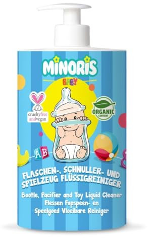 Minoris Detergente per Biberon, Succhietti e Giocattoli | Biologico, Naturale e Minerale | Ipoallergenico, Senza Profumo, Rimuove i Residui di Latte, Detergente per Tiralatte, Vegan 500ml