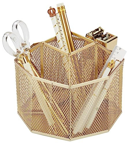 Annova Schreibtisch-Organizer aus Netzstoff, drehbar, mit 5 Fächern, für Süßigkeiten/Stifte, Büro, Kunstbedarf, Aufbewahrung, Klassenzimmer, Zuhause (Gold)