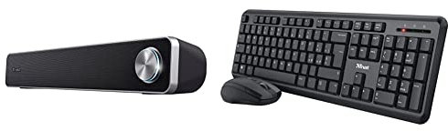 Trust Arys Soundbar PC, 12 W, Casse PC, Alimentazione USB, Jack 3,5 mm, Barra Audio- Nero & Ymo Set Tastiera e Mouse Wireless, Layout Italiano QWERTY, Nero