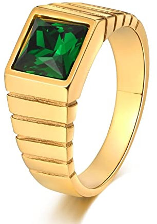 Whoiy Ring Grüner Stein, Siegelring Kleiner Finger Herren 10mm Edelstahl Gotischer Ring Quadrat Zirkonia Ringgröße 60 (19.1) Gravierbar