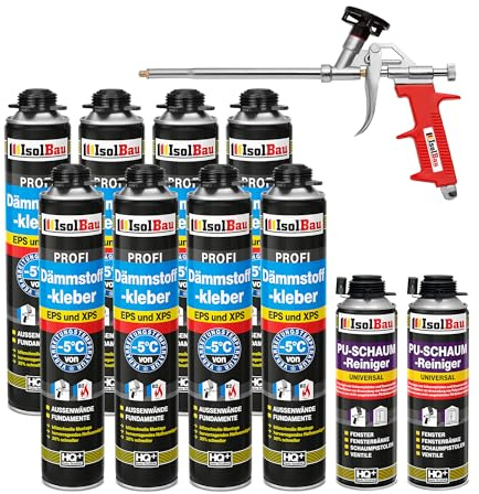 Isolbau B2 Dämmstoffkleber SET - 8 x 750 ml Perimeterkleber, 2 x PU-Schaum-Reiniger & 1x Schaumpistole für EPS & XPS-Platten - 1K PU-Klebeschaum für Fixieren und Isolieren