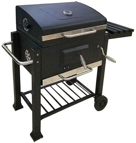 FBITE Barbecue-Grill, tragbarer Holzkohlegrill, Trolley-Holzkohle-BBQ-Grill, großer Outdoor-Barbeque-Grill mit Thermometer-Deckel, anhebbarem Holzkohlebecken, klappbarem Tisch,