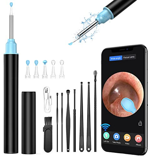 SUUWEE Ear Wax Removal Kit Camera, 1080P FHD Camera-Upgraded Anti-Fall Off Eartips Cleaner Wireless Remover(3.5mm Endoscope/6 LED Lights)Otoscope iPhone,ipad,Android/Adults, ,Pets., Black, 1.0 count
