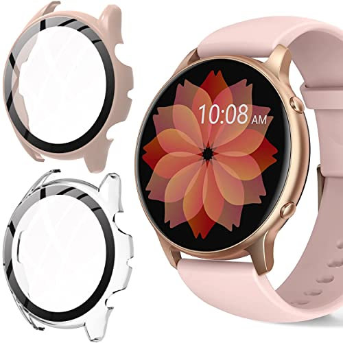 Blueshaweu Funda para reloj inteligente TUYOMA Mujer 1,3 pulgadas, carcasa dura PC con protector de pantalla de cristal compatible con TUYOMA LW36 Smartwatch (transparente+rosa)