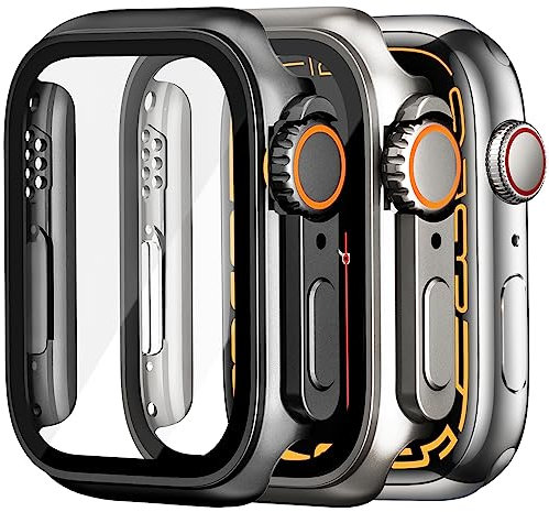 Dilhvy 2 Stück Hülle für Apple Watch Displayschutz Series 9 8 7 45mm 【Apple Watch Ultra Style Case】, iWatch Schutzhülle Bumper Einzigartiges Design mit Glas Displayschutzfolie für Damen und Herren