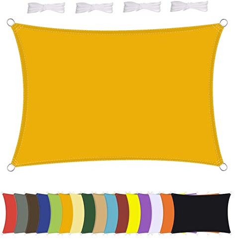 Sonnensegel Wasserdicht Rechteck, wetterbeständig, Premium Polyester, Viele Längen und Breiten Zur Auswahl inkl Befestigungsseile, Rechteckig 3x5m Mango Gelb