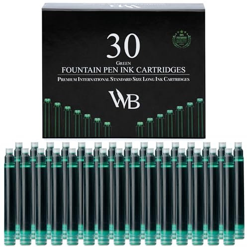 Wordsworth & Black Fountain Pen Ink Refills - Set of 30 Green Ink Cartridges - International Standard Size - Length APPR 2.3 - Base Diameter APPR 0.24 - Disposable and Generic