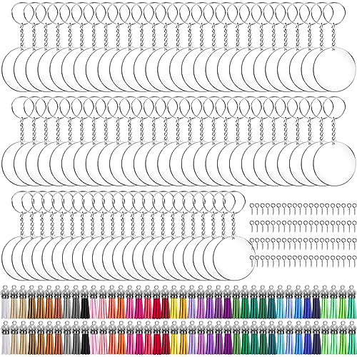 Duufin 150 Pcs Acrylique Porte-clés Disque Set avec 30 Pcs Disque Acrylique Cercle 30 Pcs Glands 30 Pcs Porte-clés 30 Pcs Anneaux de Saut et 30 Pcs Goupilles à Vis pour Bricolage et L'artisanat