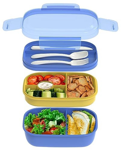 Lychico Lunchbox, 1900 ml Bento-Box mit Löffel, Gabel und Dressing-Behältern, stapelbar, 3 Schichten, 6 Fächer, auslaufsicher, Lunchbox, Mahlzeitvorbereitungsbehälter, mikrowellengeeignet,