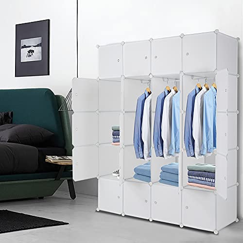 TactFire Armoire Penderie Modulable, 20 Cubes, Armoire Chambre, Étagère de Rangement avec Portes, pour Le Stockage de vêtements, Jouets, etc.. (Blanc, 140 x 45 x 175 cm)