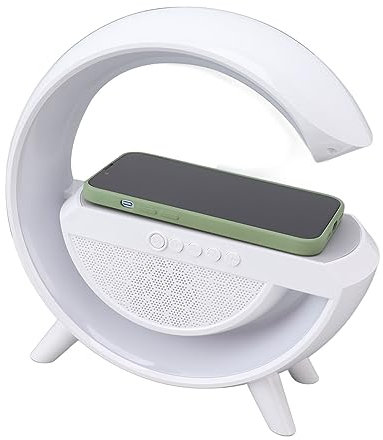 Fockety Wireless Charger Atmosphere Lamp, 5 in 1 Bluetooth Speaker White Noise Machine 7 Color Desk Lamp Phone Holder App Control Alarm Clock, 1200mAh USB Charger Bedroom Home Decor