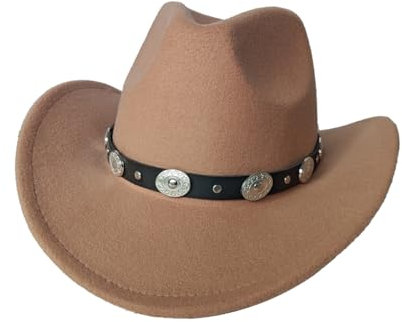 HIQIU Vintage Classisch Cowboyhut Damen Herren,Westernhut Filzhut breite Krempe Gürtelschnalle Dekor Panama Fedora Hut(Khaki)