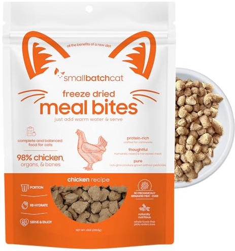 smallbatch Freeze-Dried Raw Cat Food, Shelf Stable Food Bites, Chicken Recipe, High Protein Meal or Topper for Cats, Humanely Raised Meat, Organic, Non-GMO Produce, Made in the USA, 10oz Bag
