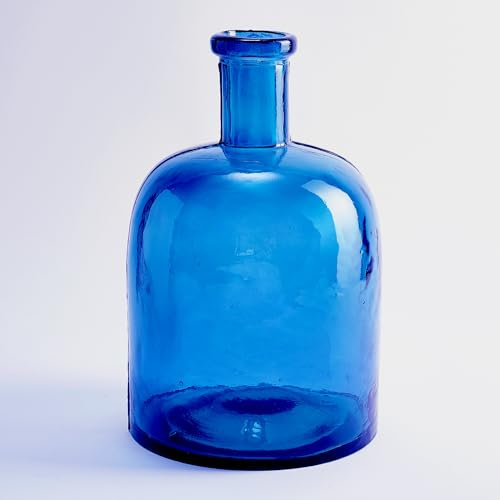 Botella Ancha de Vidrio Reciclado Liso - Garrafa de Cristal Artesana Estilo Mediterráneo Decoración del Hogar, Florero, Jarrón… (Azul Marino)