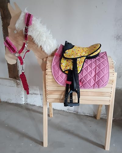 HKM Shettysattel Set inkl. Glitzer Plüsch Halfter & Führstrick ideal auch für Holzpferd (Flowers)