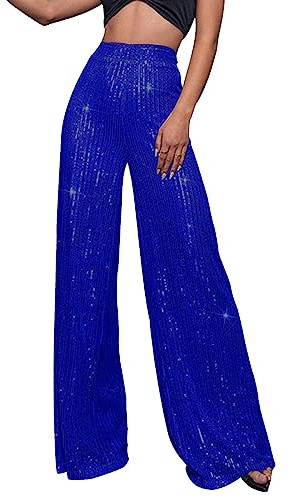 Pailletten Hose Damen Gold-Glitzer Hose Lang Metallic Hose Lang High Waist Baggy Jogginghose Weites Bein Sommerhose Locker Weite Hose Große Größen Paillettenhose Metallic Hosen Büro Pants