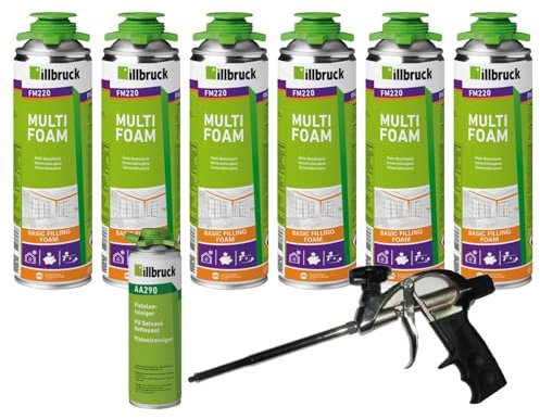 FM220 Bauschaum Montageschaum Pistolenschaum Multischaum Fensterschaum hohe Schalldämmung Wärmedämmung 500ml Kombisets (mit Reiniger AA290 + Schaumpistole Profi Teflon, 6x 500ml)