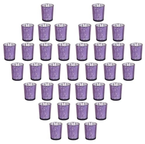 BTGLLAS Violette Quecksilber-Teelichthalter, 36 Stück, elegante Votivkerzenhalter für Hochzeiten, Duschen und Heimdekoration, perfekt für Tischdekoration und Partys (Glas, Violett)