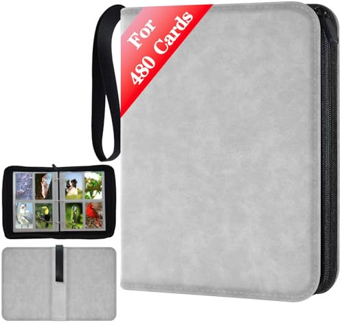 JUSONEY Sammelalbum für Karten, 4 seitlich Sammelalbum für bis zu 480 Karten, Sammelkarten Album Reißverschluss Binder für Sammelkarten MTG Karten Heft für Spielkarten für Sportkarten（Grau）