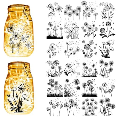CREATCABIN 24Pcs Dandelion Decals Silhouettes Mason Jar Decor Lantern Laser Cutouts PVC Lamp Film Ornaments Silhouette for Frosted Glass Jars Scrapbook Wall Windows supplies 3.9x3.5Inch(No Sticker)
