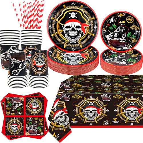 Obussgar Lot de 20 décorations de fête d'anniversaire pirate avec assiettes, gobelets, serviettes pour décorations de fête pirate