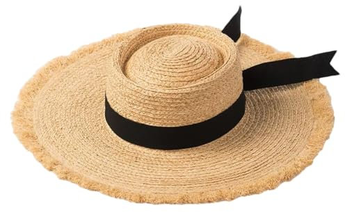 Sombrero de rafia natural para mujer, sombrero de playa de ala ancha, sombrero de paja con cinta negra, sombrero de sol Panamá, natural, Talla única