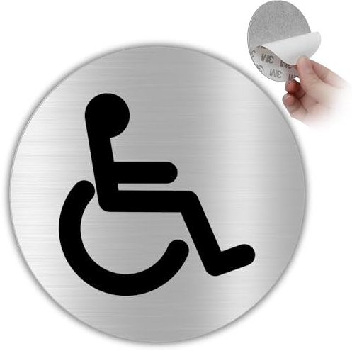 LEIASA | Señal Adhesiva Baño Discapacidad - Diámetro Ø 100 mm - Grosor 0.6 mm - Aluminio - Señal Aseos - Signo Baño - Señal Aseo Minusválido - Cartel Puerta Baño