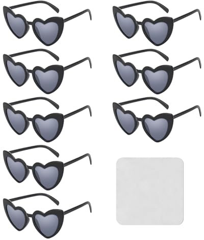 8 Stück Partybrille Herz Sonnenbrille,Retro Herz Sonnenbrille mit Brillenputztuch,Party Sonnenbrille Team Bride Schwarz,Vintage Herzform Brille, Hippie Brille Herz 90er für Party, Hochzeit, Karneval