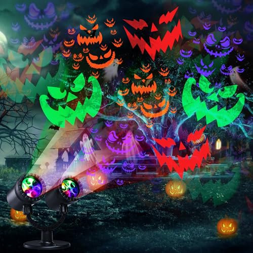 Moxled Halloween Deko Outdoor, Doppelter Kopf Dynamische Halloween Projektor mit Timer, Wasserdicht Teufelsgesicht Halloween Deko Lichter für Garten Fenster Wand Hof Party