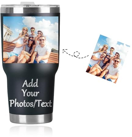 Personalized Travel Mug with Picture&Text,Customized Coffee Cup Travel Mug for Her Stainless Steel Thermal Vacuum Flask, Leakproof Tumbler, Coffee Mug with BPA Free Easy-Clean Lid, 30oz (Black)