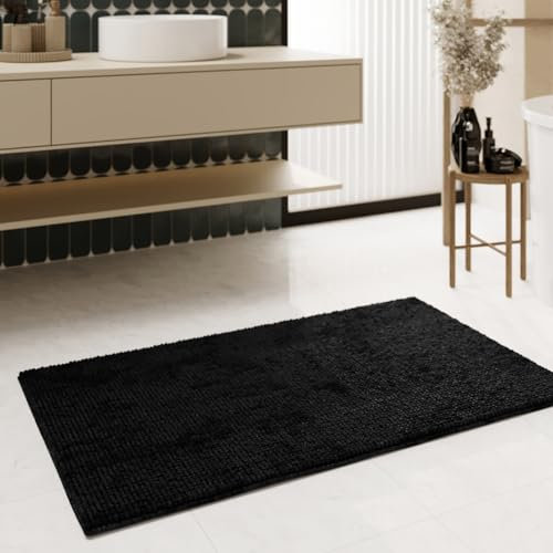 Moderner Chenille Badteppich von WECONhome Basics - rutschfest, Waschbar, Saugfähig - Stilvoll für jedes Badezimmer – Balu (70 x 120 cm, schwarz)