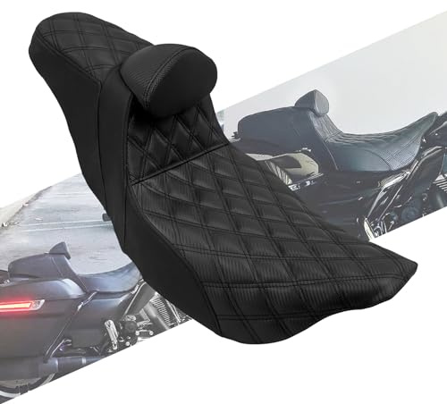 HCmotorku Motorradsitz Motorrad Fahrer Beifahrer Einteiler Sitz Soziuspolster Doppelsitzkissen Fit für Harley Touring Road King Street Glide Electra Glide 2009-2023 Schwarze Naht