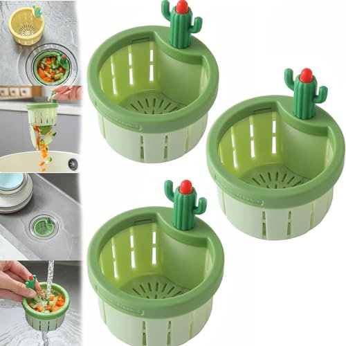 Cactus Kitchen Sink Drain Strainer,Press Automatic Dumping Basket,Multi-Functional Home Use Cactus Sink Draining Basket Filter Net Lifting Basket,Kitchen Waste Collector Filter (Green,3PCS)