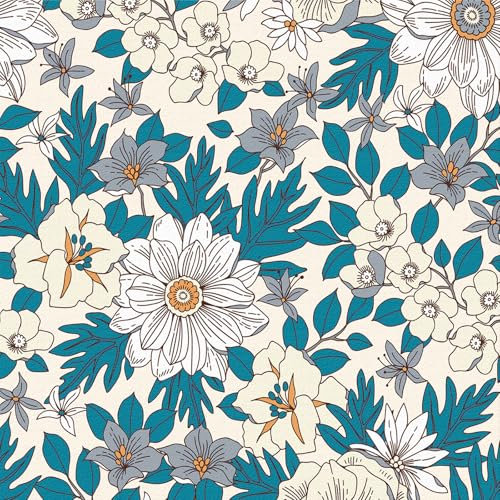 Blue Floral Wallpaper,44 x 300cm Self Adhesive Wallpaper White and Beige Flower Blue Leaf Plants Wall paper Peel and Stick Wall paper Self Adhesive Furniture Wrap for Living Room,Bathroom,Cabinets