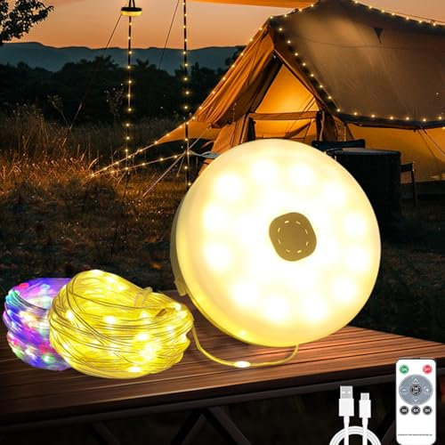 Aufrollbare Camping Lichterkette 10m, 4-in-1 Wasserdichte Tragbare LED Mit 12 Beleuchtungsmodi, 3000mAh Wiederaufladbare Für Zelt Dekoration Mit Fernbedienung