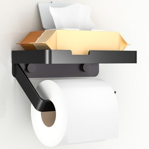Euqvunn Toilettenpapierhalter mit Ablage, Klopapierhalter aus Aluminiumlegierung, ohne Bohren Selbstklebend, Schraubmontage, Badezimmer und Küchenzubehör, Matt Schwarz