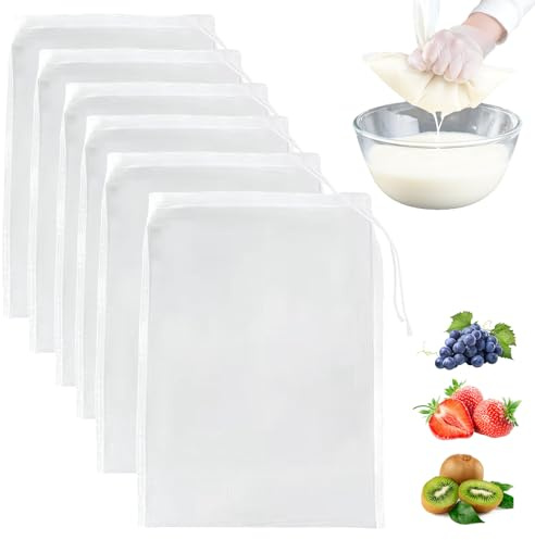 XQMMGO 6 Stück Nussmilchbeutel, 20 × 30 cm Passiertuch Wiederverwendbar, Filter mit Kordelzug Nylon, Nut Milk Bag für Käse Fruchtsaft Kaffee Gemüsesaft (20 × 30 cm)