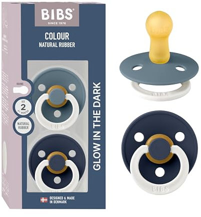 BIBS Colour Glow Schnuller 2er-Pack. BPA-frei. Leuchtet im Dunkeln. Kirschform Nippel. Naturkautschuk/Latex. Hergestellt in Dänemark. Größe 2 (6-18 Monate). Petrol Glow/Deep Space Glow