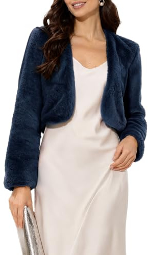 Allegra K Women's Fur Jacket Cropped Wedding Bolero Gown Faux Fur Shrug | Fall Winter Coat, Open Front Fuzzy Overcoat, Long Sleeve, Formal, Evening Fluffy Outfit