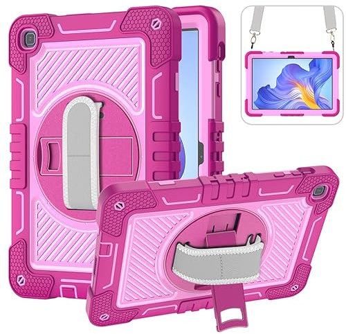 ERDARARIPRO Funda para tablet Honor Pad X8 de 10,1 pulgadas, bonita funda de dibujos animados a prueba de golpes con soporte giratorio de 360°, correa de mano y soporte para bolígrafo, color rosa y