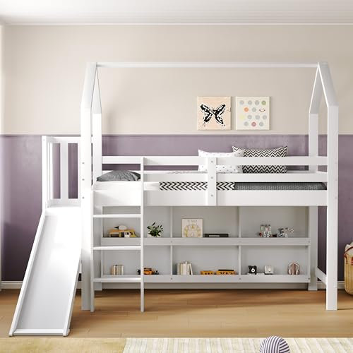 Kinderbett Hochbett 90 * 200 cm mit Rutsche, Multifunktionales Kinder Bett mit Treppen und Schließfach Regal, Baumhaus Einzelbett mit Stauraum, Massivholz+MDF, Weiß