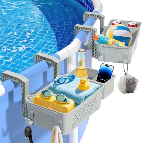 【2025 Upgrade】 2er-Pack Pool-Aufbewahrungskorb mit Getränkehalter, oberirdisches Poolzubehör, 3-in-1-Aufbewahrungskörbe zum Aufhängen von Tassen und Handtüchern, passend für 7,6 cm oder weniger obere