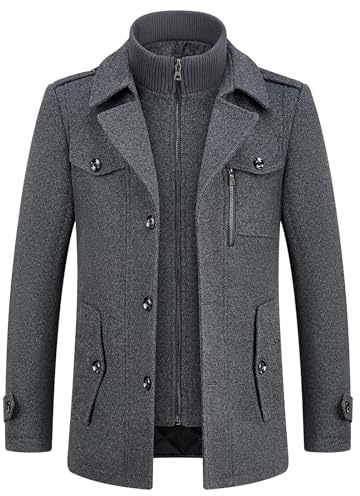Kudoro - Abrigo de lana para hombre, color cálido, para invierno, gabardina, clásica, parka, abrigo, ajustado, negocios, Duffle-Coats Coup-Vent y solapa, gris oscuro, XXXXL